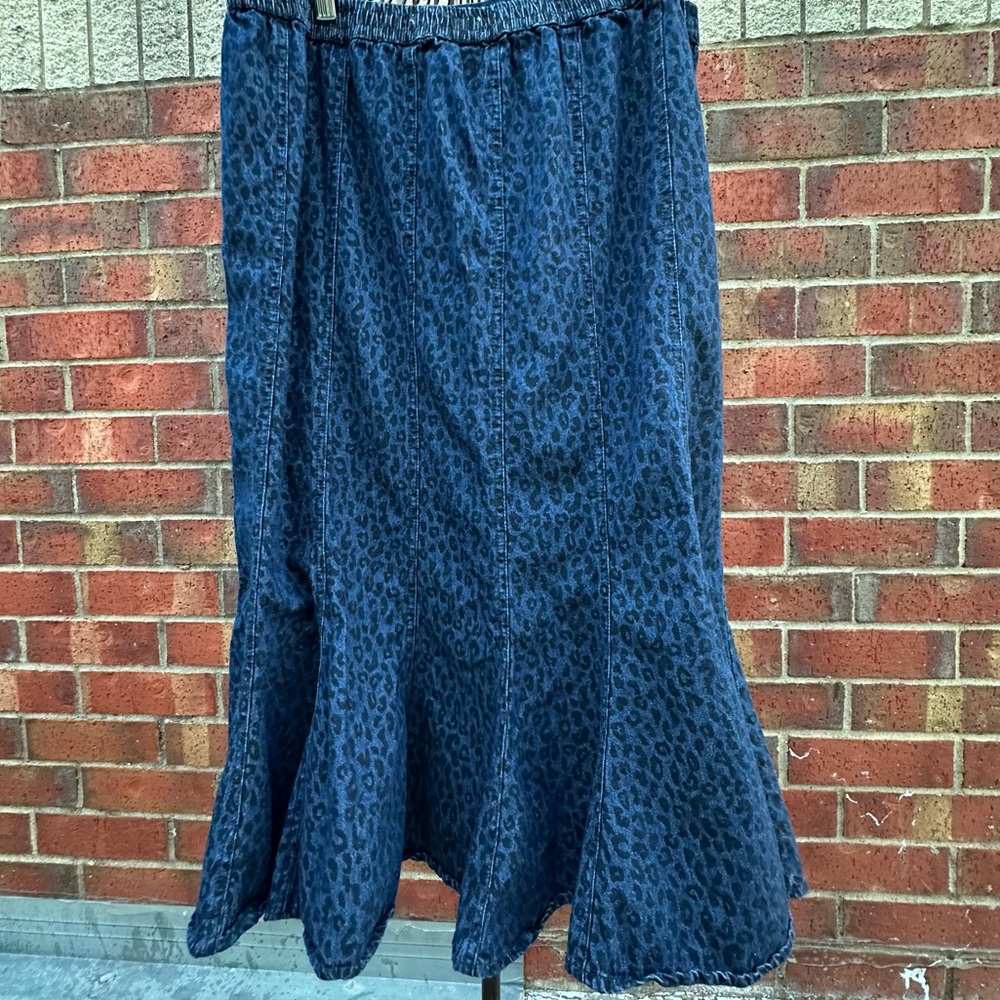 Studio West Denim Leopard Print Skirt Women Stretch Elastic Slip On Flowy Sz XL
